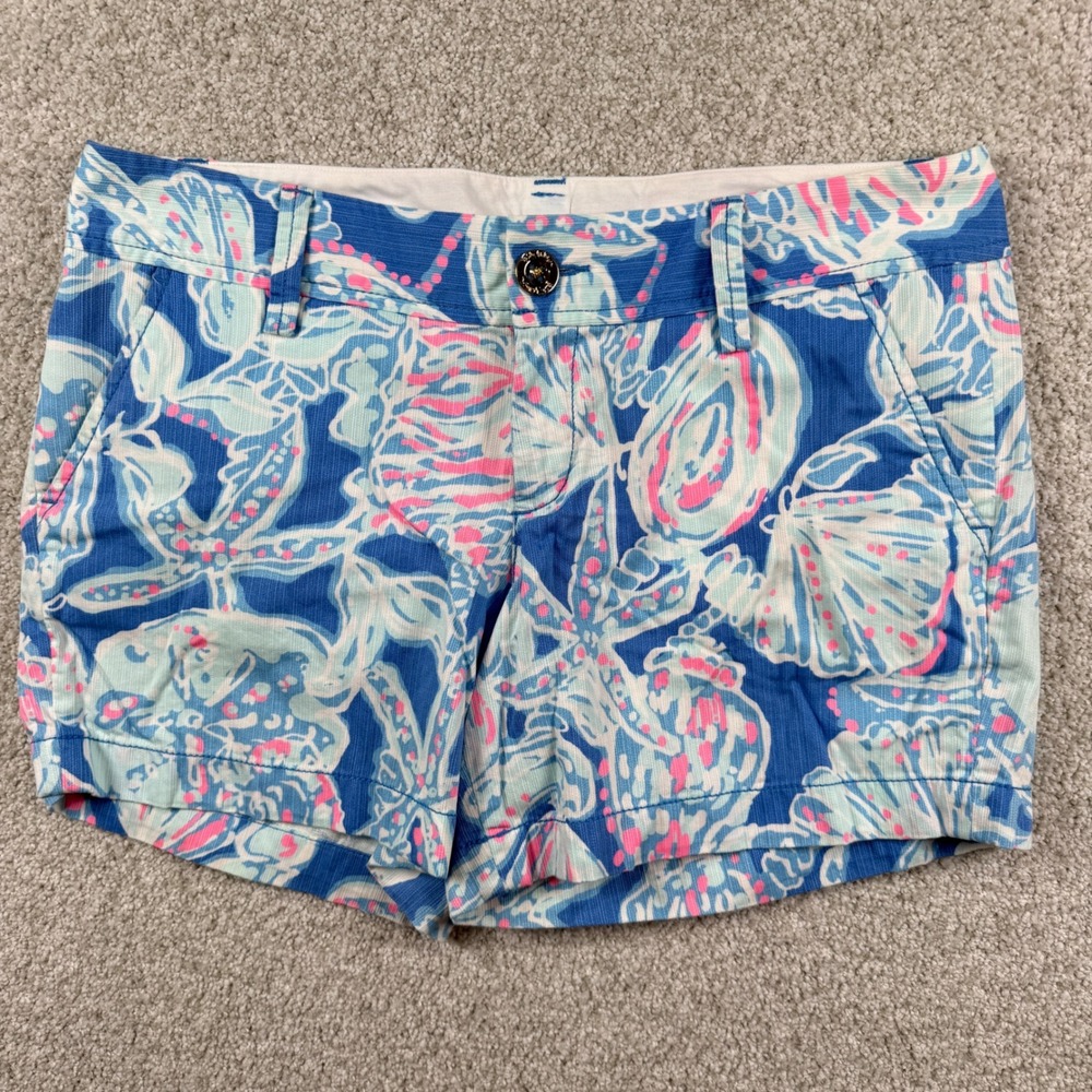 Lilly Pulitzer Callahan Shorts Womens 6 Blue Pink Seashell Starfish Print Cotton